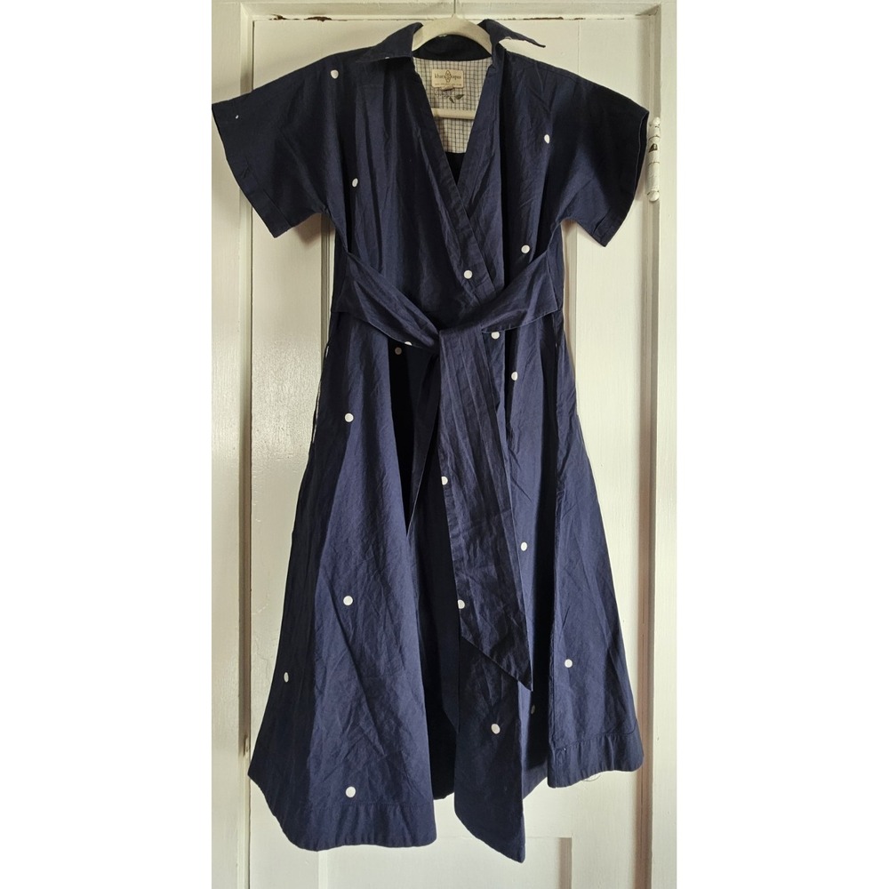khara Kapas womens XS blue faux wrap white polka dots tie waist dress cotton